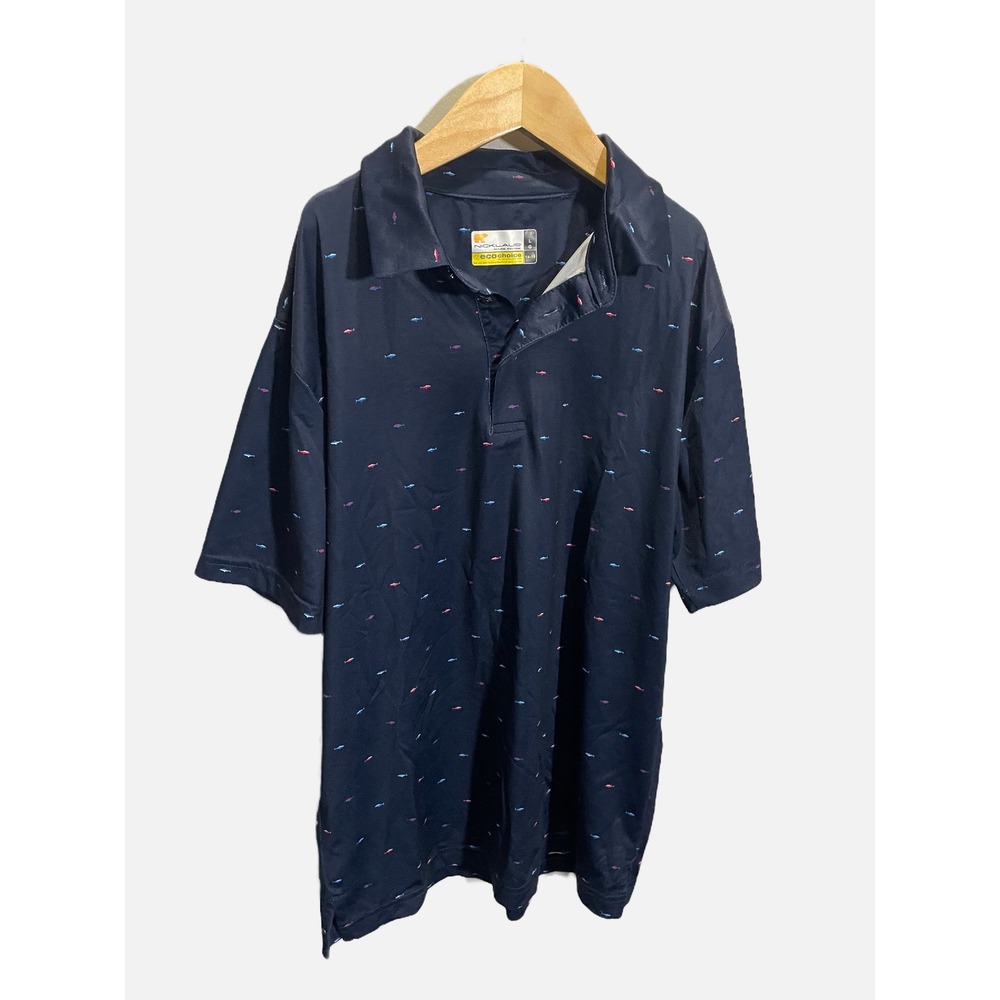 Nicklaus Polo Shirt Kids Large 14-16 Navy Blue Fish Print Golf Performance Sport